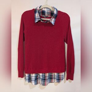 Preppy Red Sweater with Plaid Flannel Collar/ Layer Coastal Academia‎ M